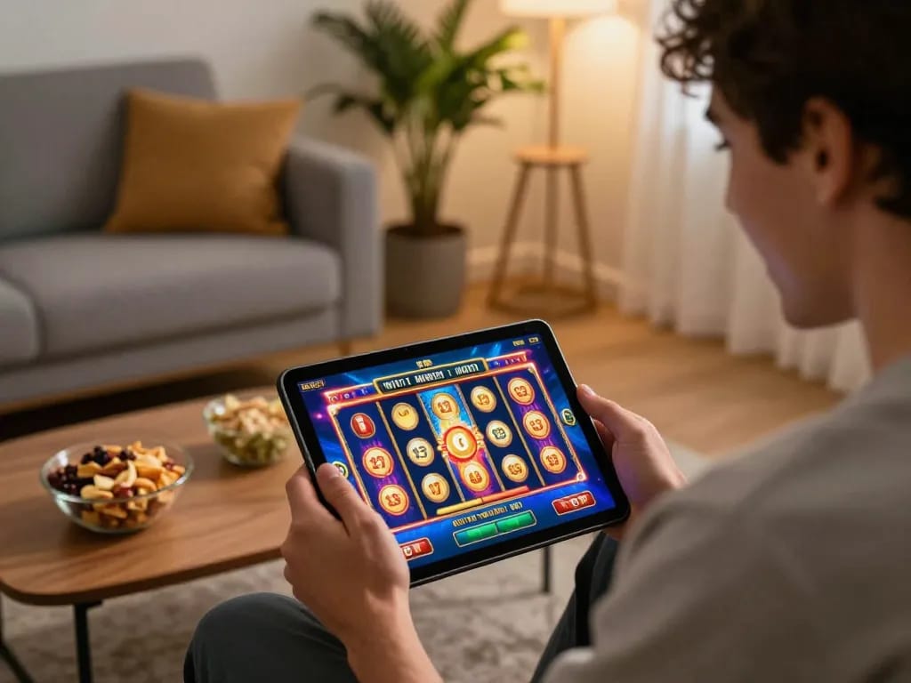 Player celebrating a win on cm88-t1 slot game on tablet in cozy home setting