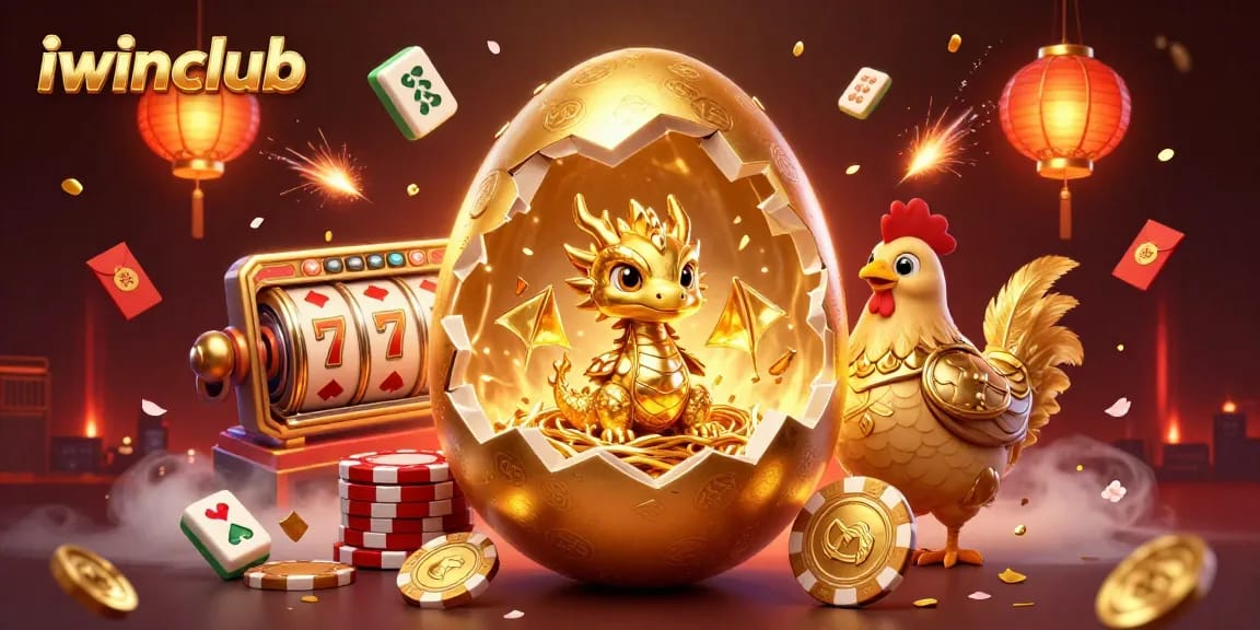 iwinclub showcases a golden dragon nested on poker chips in a vibrant casino-themed illustration.