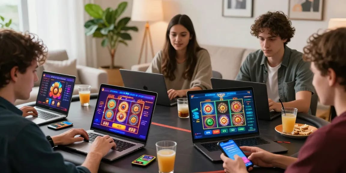 Exciting non UK casino gaming scene with players on laptops and smartphones surrounded by vibrant online game icons.
