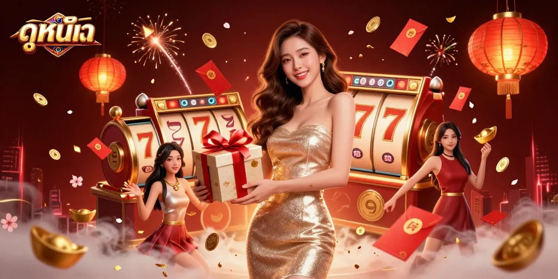 Win big while enjoying ดูหนังออนไลน์ with a stunning digital illustration of a beautiful Asian woman amidst a festive casino atmosphere.