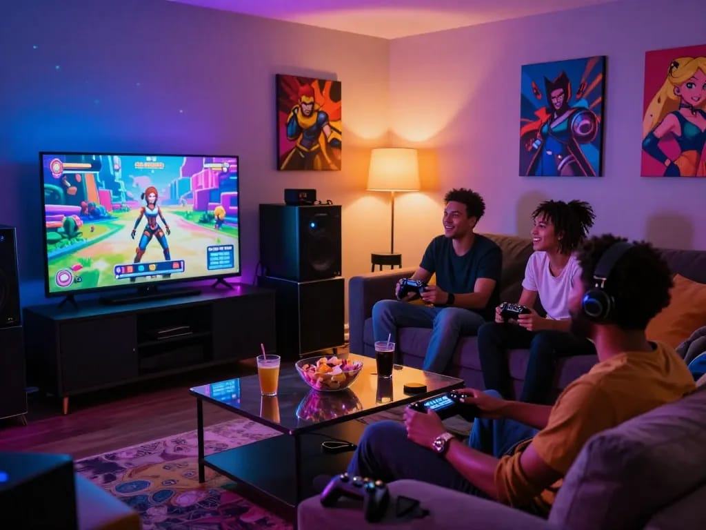 Group enjoying engaging sex games in vibrant gaming lounge setting.