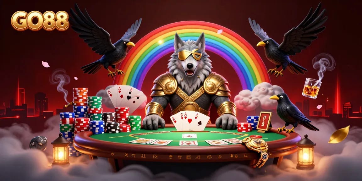 Experience the thrilling world of GO88 with vibrant 3D illustrations of a wolf and ravens standing on a casino chip bridge.