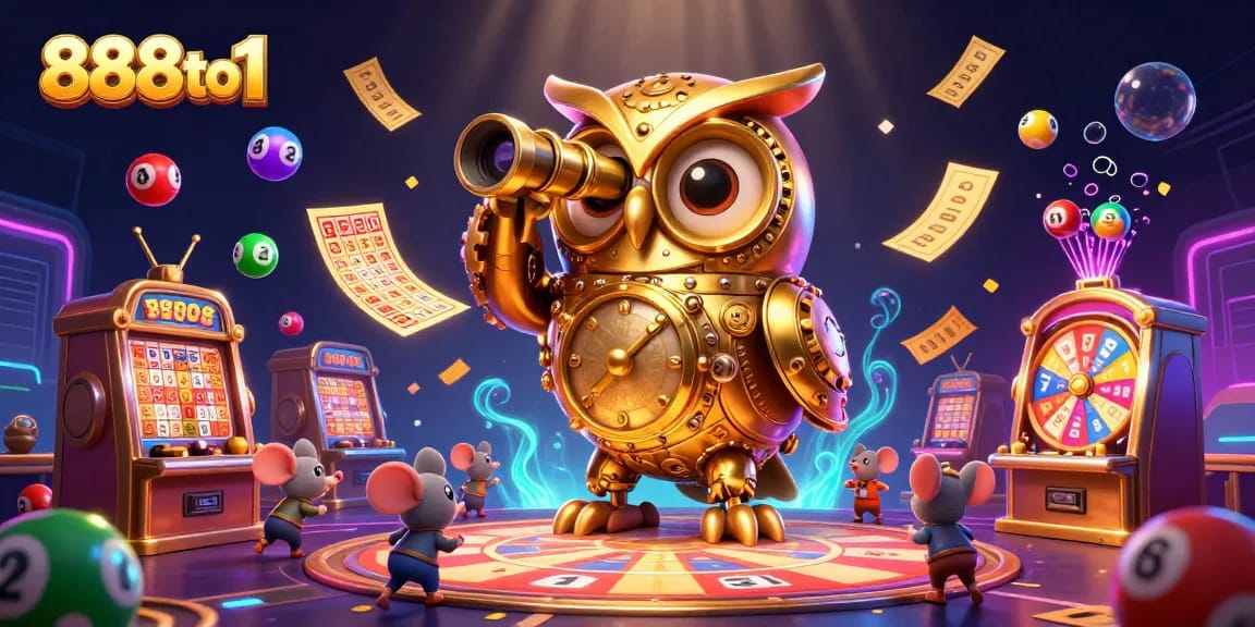 Engage with 888to1's vibrant casino world featuring a golden owl and dynamic game elements.