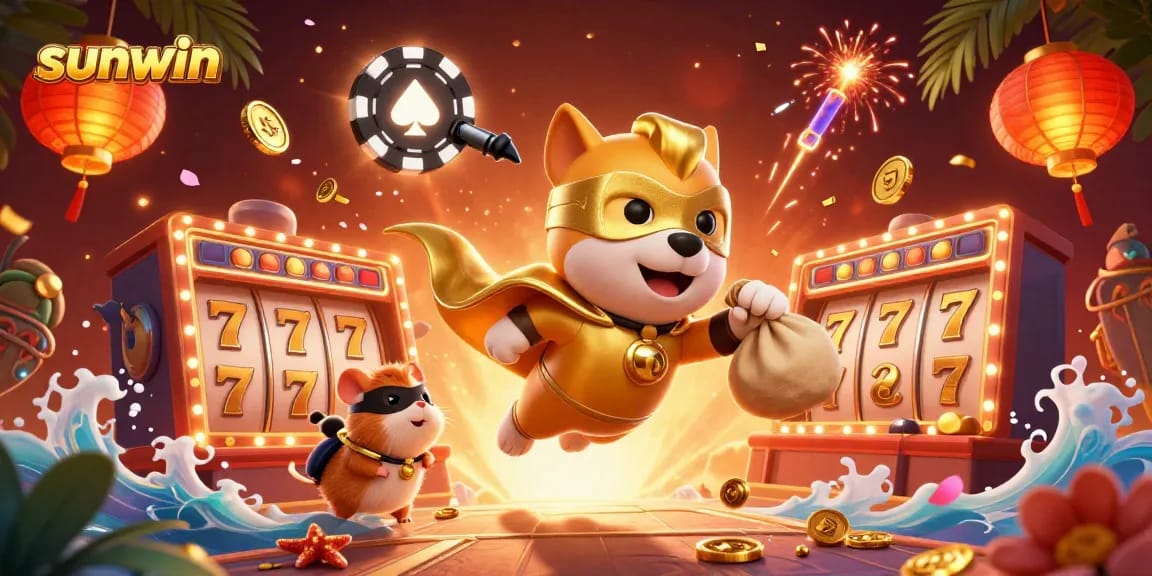 Experience sunwin excitement with a superhero dog and hamster celebrating jackpot wins!