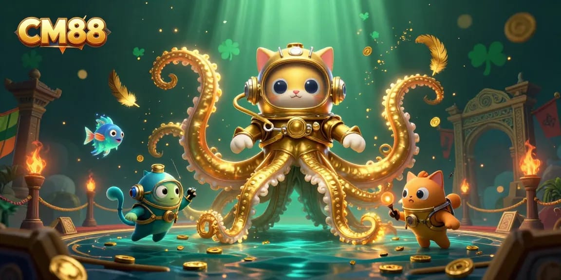 Experience the thrill of CM88 with a colossal kraken and vintage diving cat in a vibrant underwater casino scene.