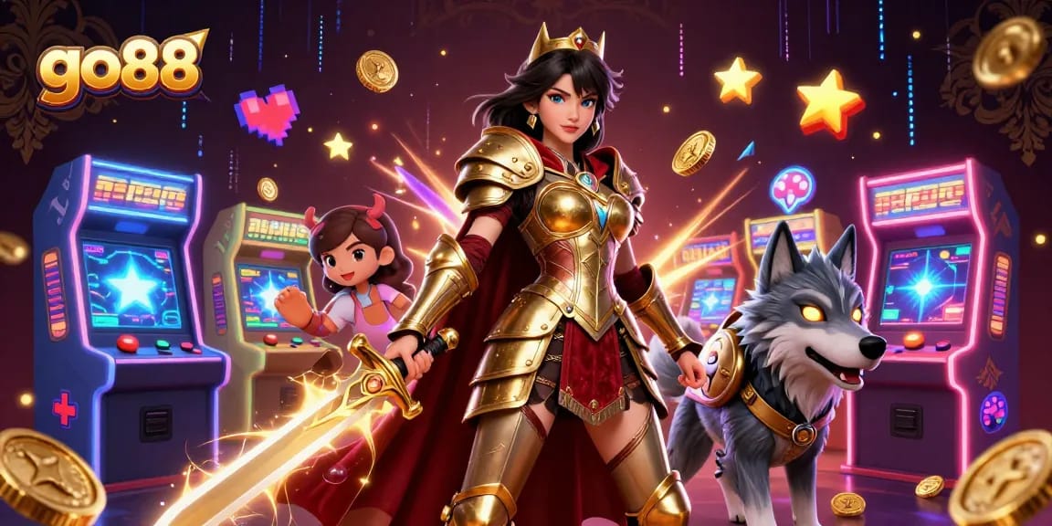 Engage with go88's thrilling world through this stunning illustration of a warrior queen and her wolf companion.