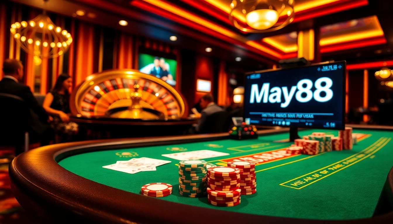 Experience an immersive blackjack game at May88, with high stakes and vibrant casino ambiance.