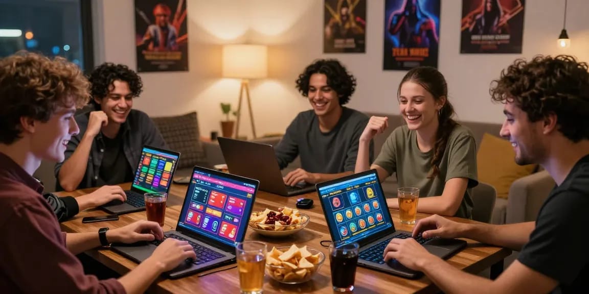 Exciting online gaming night with friends exploring credit card casinos at https://being-there.org.uk/, showcasing vibrant gameplay.