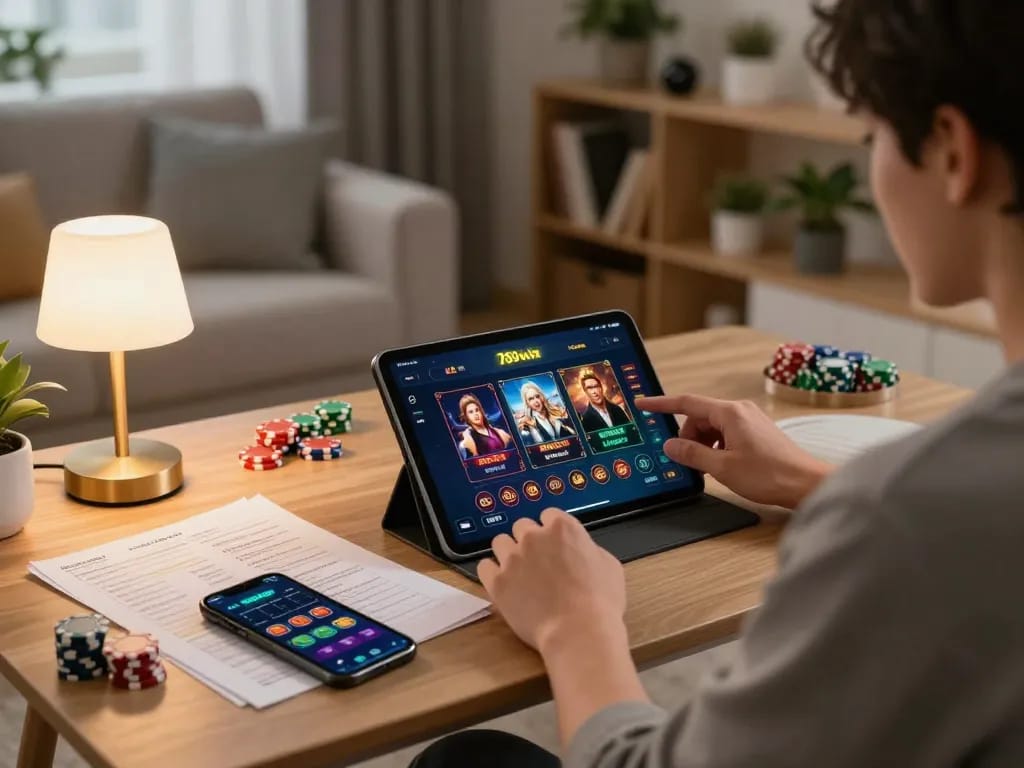 Engaging in online gameplay at the 789win casino, showcasing a tablet interface with casino games.