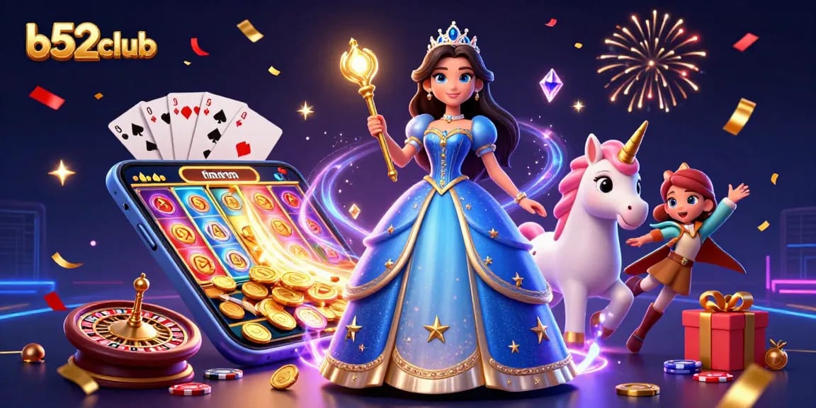 Bets come alive at b52club featuring a stunning woman with a unicorn amidst slot games and golden coins.