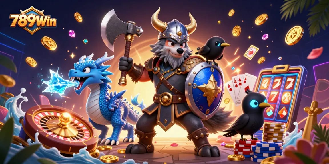 Spin to win on 789Win with a Viking warrior, dragon, and casino thrills!