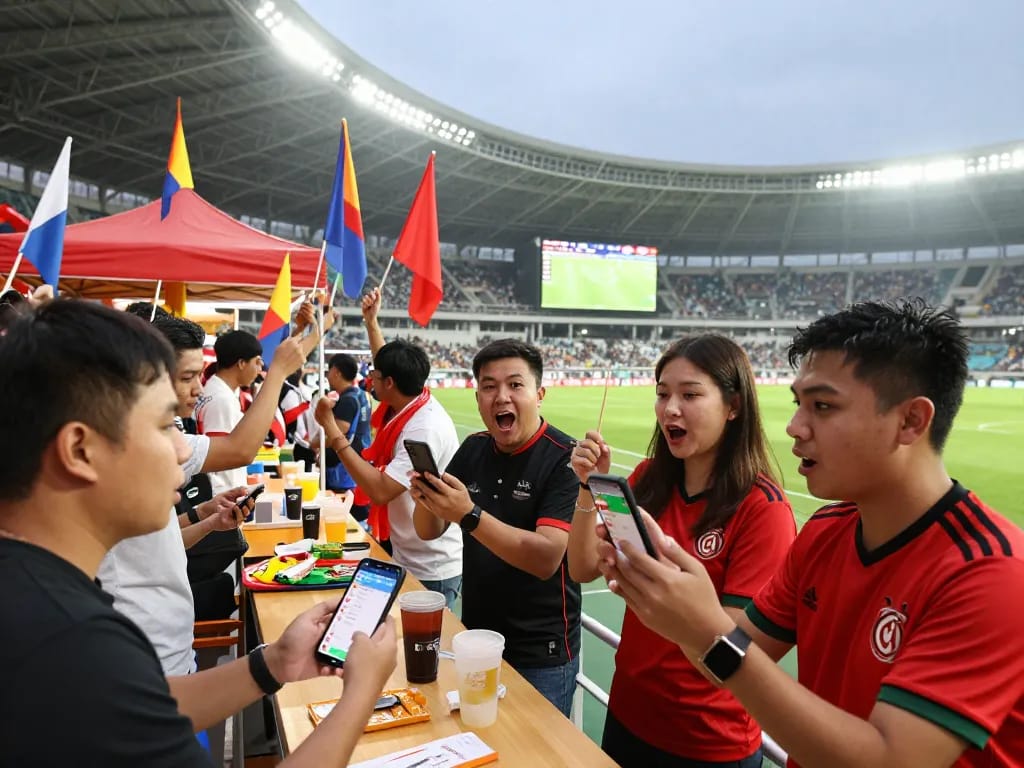 Kèo nhà cái hôm nay betting scene with fans excitedly watching a football match.