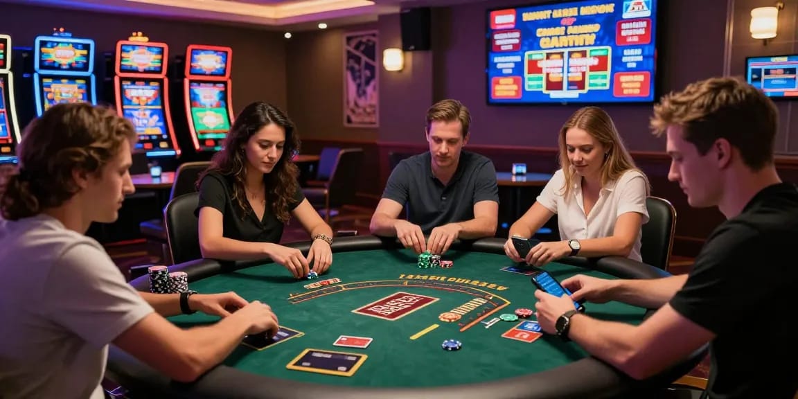 Engaged players enjoying games at credit card casinos, using smartphones and chips in dynamic casino atmosphere.