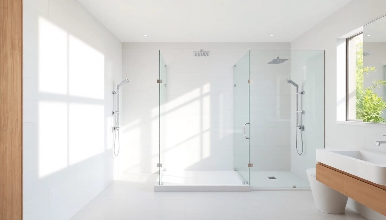 Experience elegant showers in a beautifully designed bathroom with sleek fixtures and calming aesthetics.