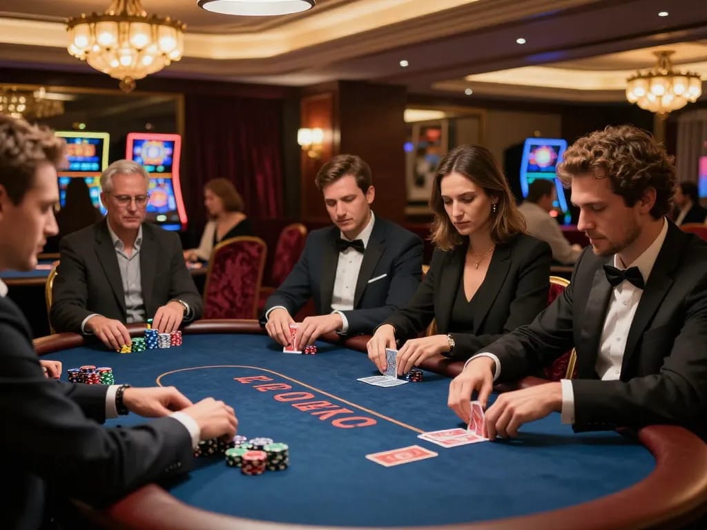 Engaged players at a high-stakes poker table in a luxurious casino atmosphere showcasing bbl5555 excitement.