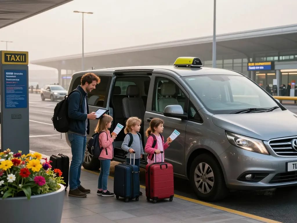 Taxi to Liverpool airport family with luggage ready for travel at terminal.
