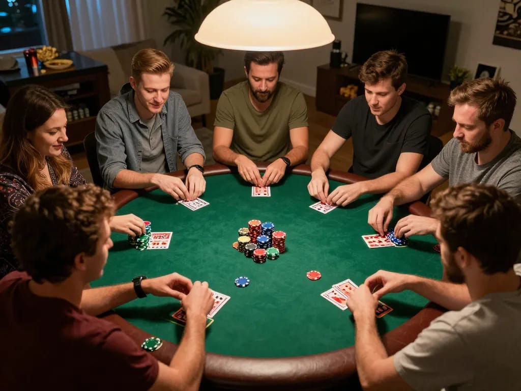 Players enjoy intense poker gameplay with SC88-bm in an inviting home setting, showcasing camaraderie.