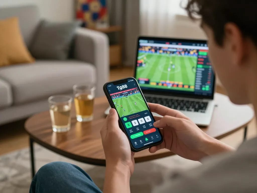 Engaged player using tg88 app for live sports betting at home, showcasing excitement and strategy.