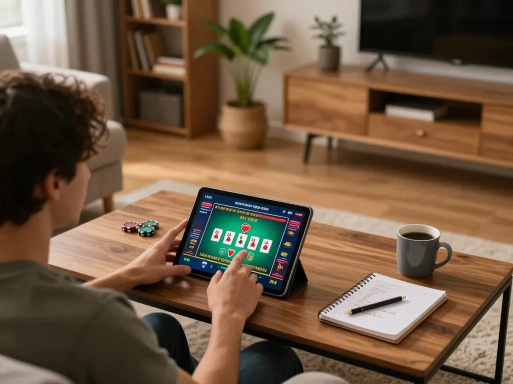 Player engaging with online casino app at home, watching poker game on their tablet, https://x88.diy/ gaming atmosphere
