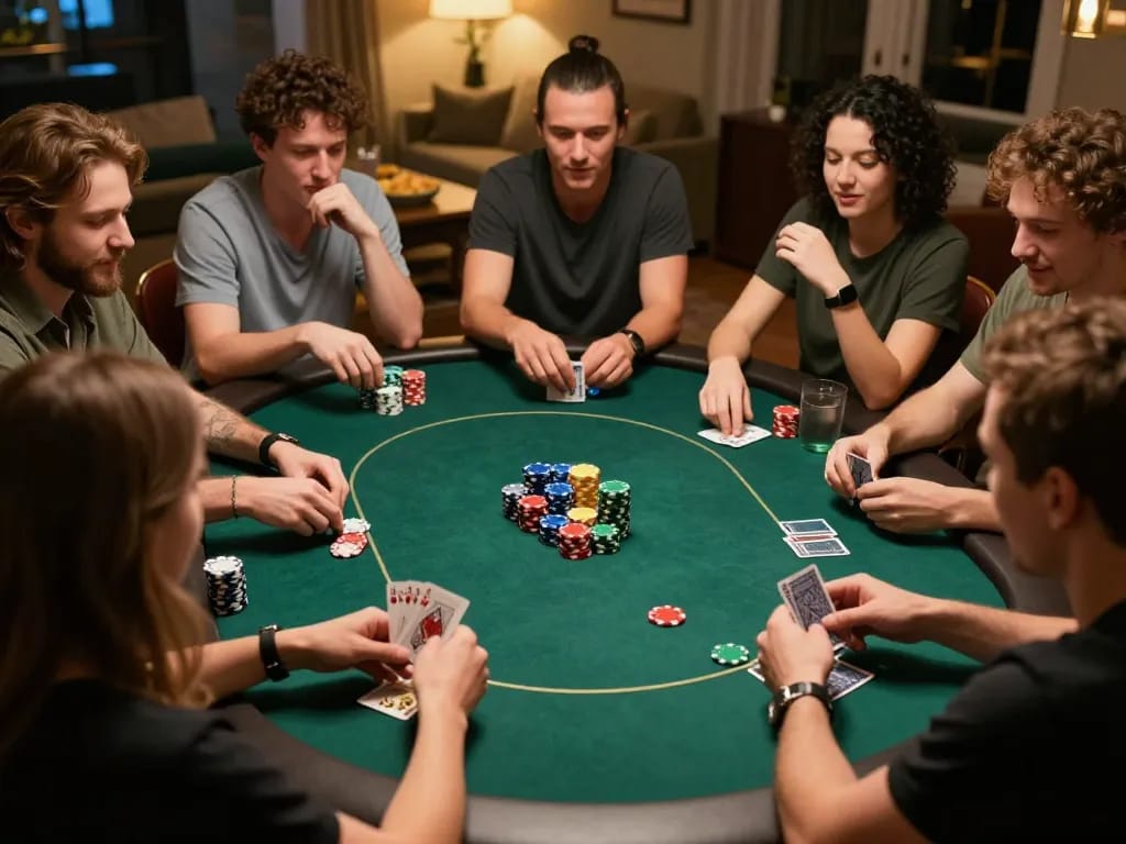 Players engaging in a lively home poker night showcasing the excitement of 789club games and camaraderie.