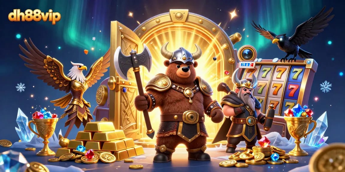 Play at dh88vip with a packed treasure scene of a Viking bear and eagle in a casino setting.