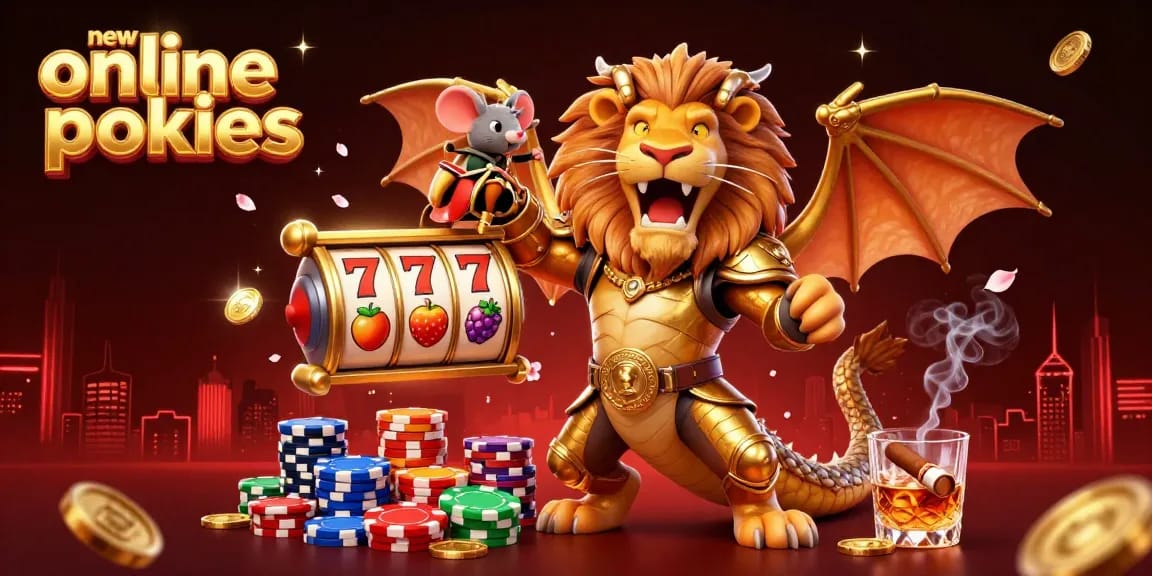 Engaging with new online pokies, a chimera celebrates a big win at a vibrant casino scene.