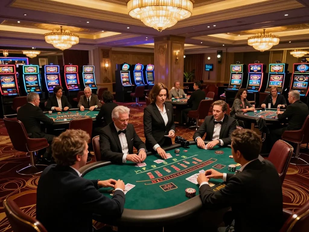 Engaged players at blackjack table in vibrant atmosphere of https://jmsc88.com/ casino, showcasing strategic gameplay.