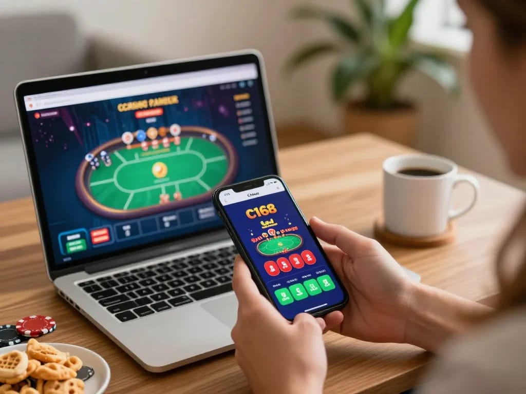 Engaging with https://c168ii.com/ via mobile casino app in a cozy home setting.