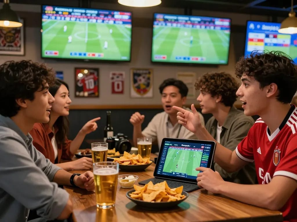 Bongdalu ngoại hạng anh scene at a lively sports bar with fans analyzing live soccer data, surrounded by game screens and vibrant atmosphere.