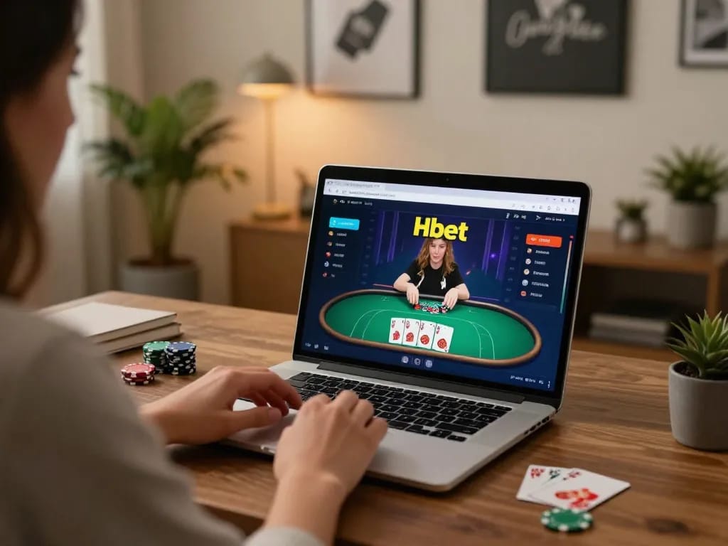 Hbet online gaming scene with player engaged in poker strategy at home office