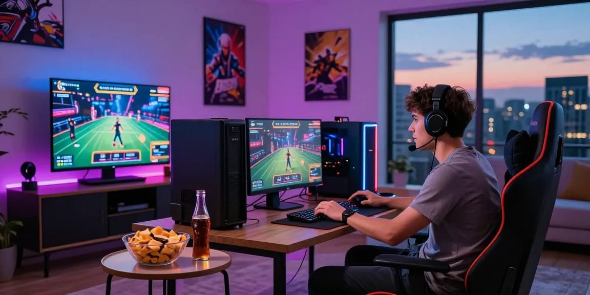 Xocdia88 player enjoying online gaming with immersive setup and modern decor.