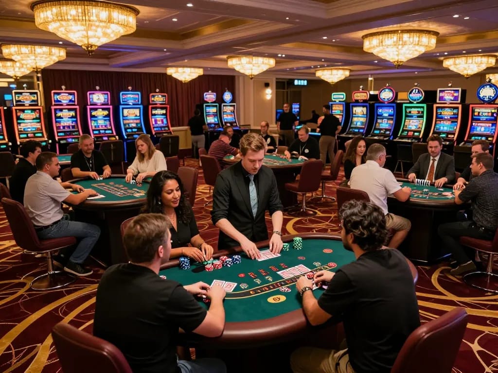 Engaged players at Go88's casino floor managing blackjack bets and celebrating wins.