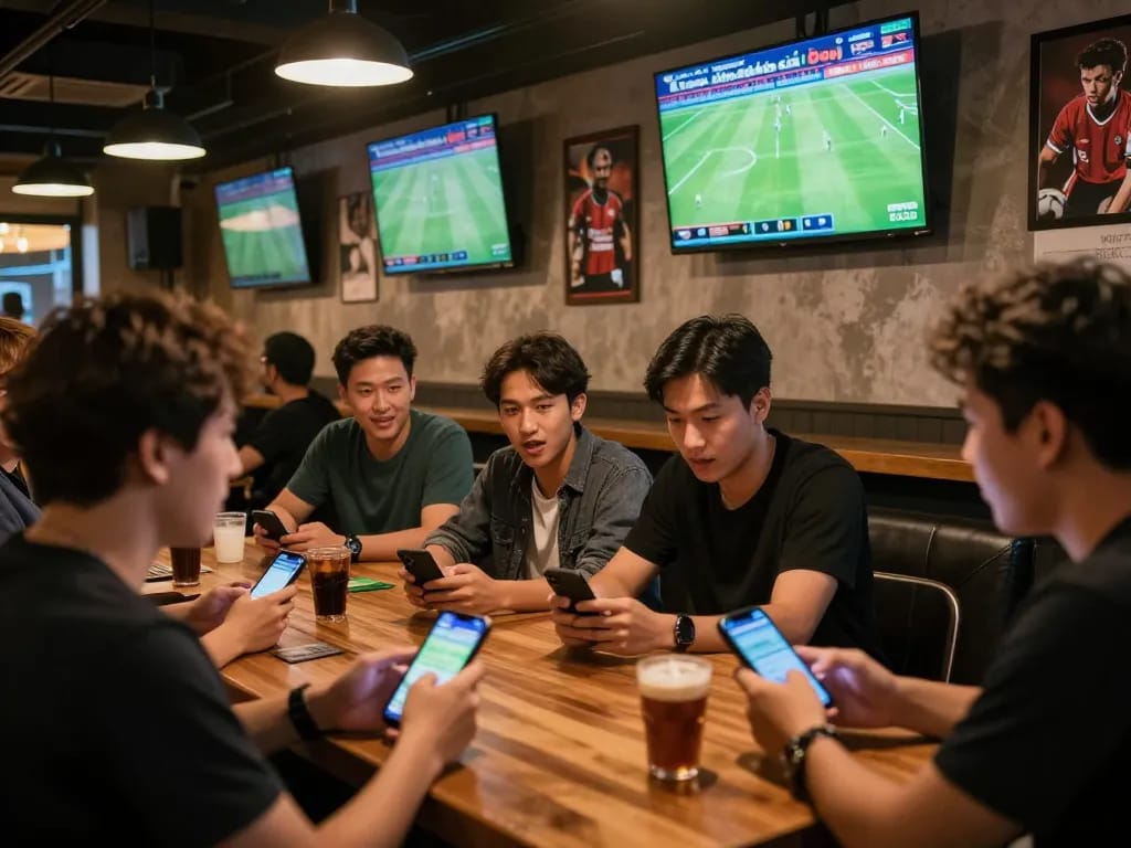 Xem bóng đá sbotop action at a lively sports bar with fans and betting activities.