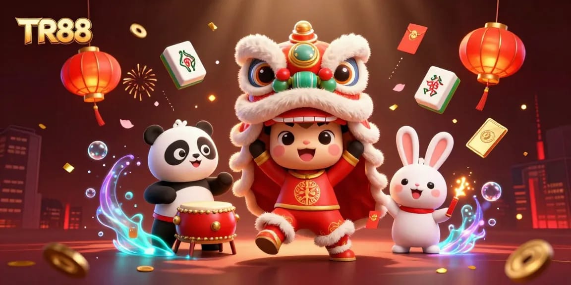 Experience the excitement of TR88 with a dynamic lion dance, drumming panda, and vibrant casino elements.