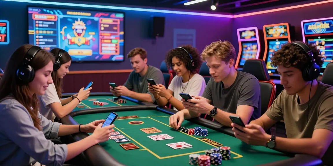 Engaged players enjoying the thrill of credit card casinos in a lively gaming lounge, full of energy and excitement.