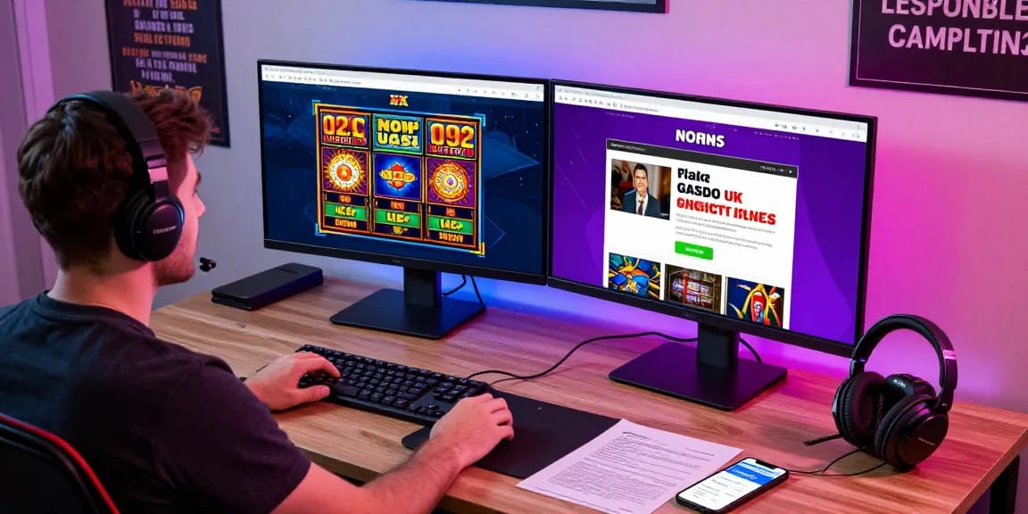 Engaging scene of UK player exploring non uk casinos for uk players with vibrant gaming setup.