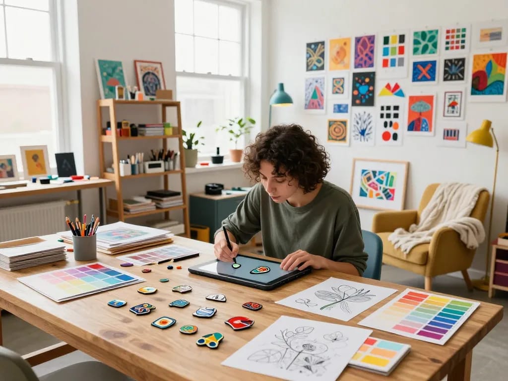 Creating custom enamel pins with vibrant colors and artistic tools in a creative workspace.