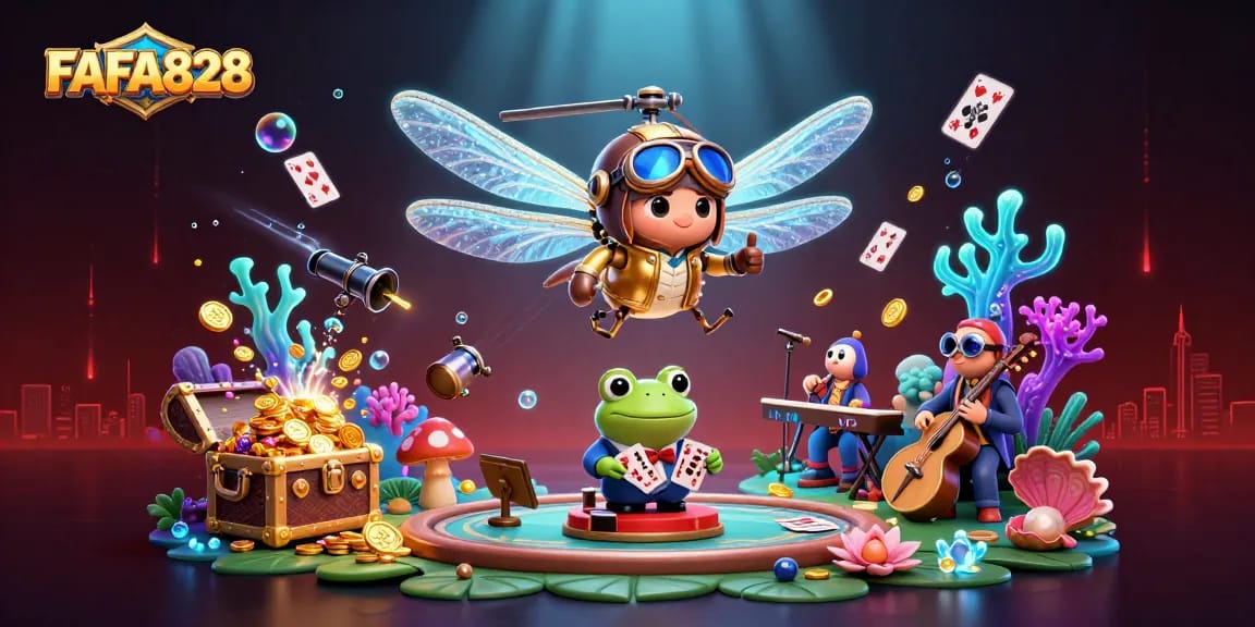 FAFA828 showcases lively casino action with a dragonfly pilot and frog croupier, capturing immersive gameplay.