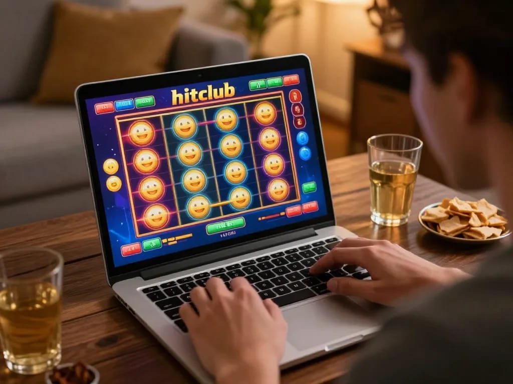 Engaging player enjoying hitclub online slots with vivid interface in a cozy home setting.