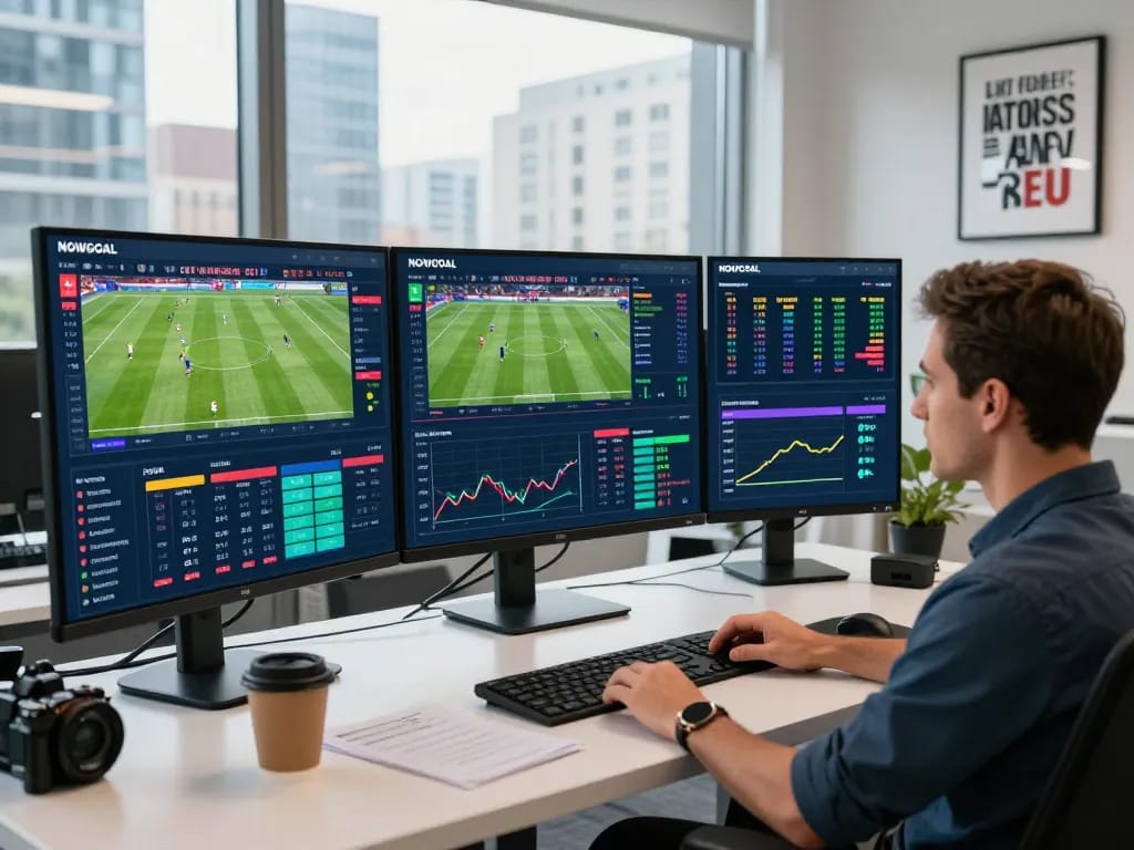 Analyst using NOWGOAL dashboard to analyze real-time football scores and statistics in a vibrant office setting