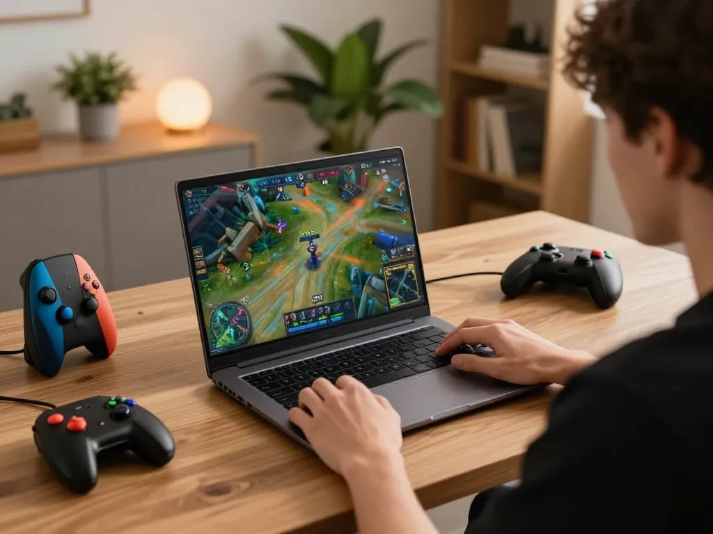 Playing game sc88 on a laptop in a stylish home setup with vibrant graphics.