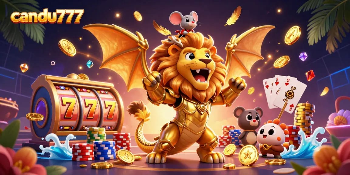Candu777 players experience thrilling jackpots and winning slots with a dynamic 3D scene of a chimera and gameplay elements.