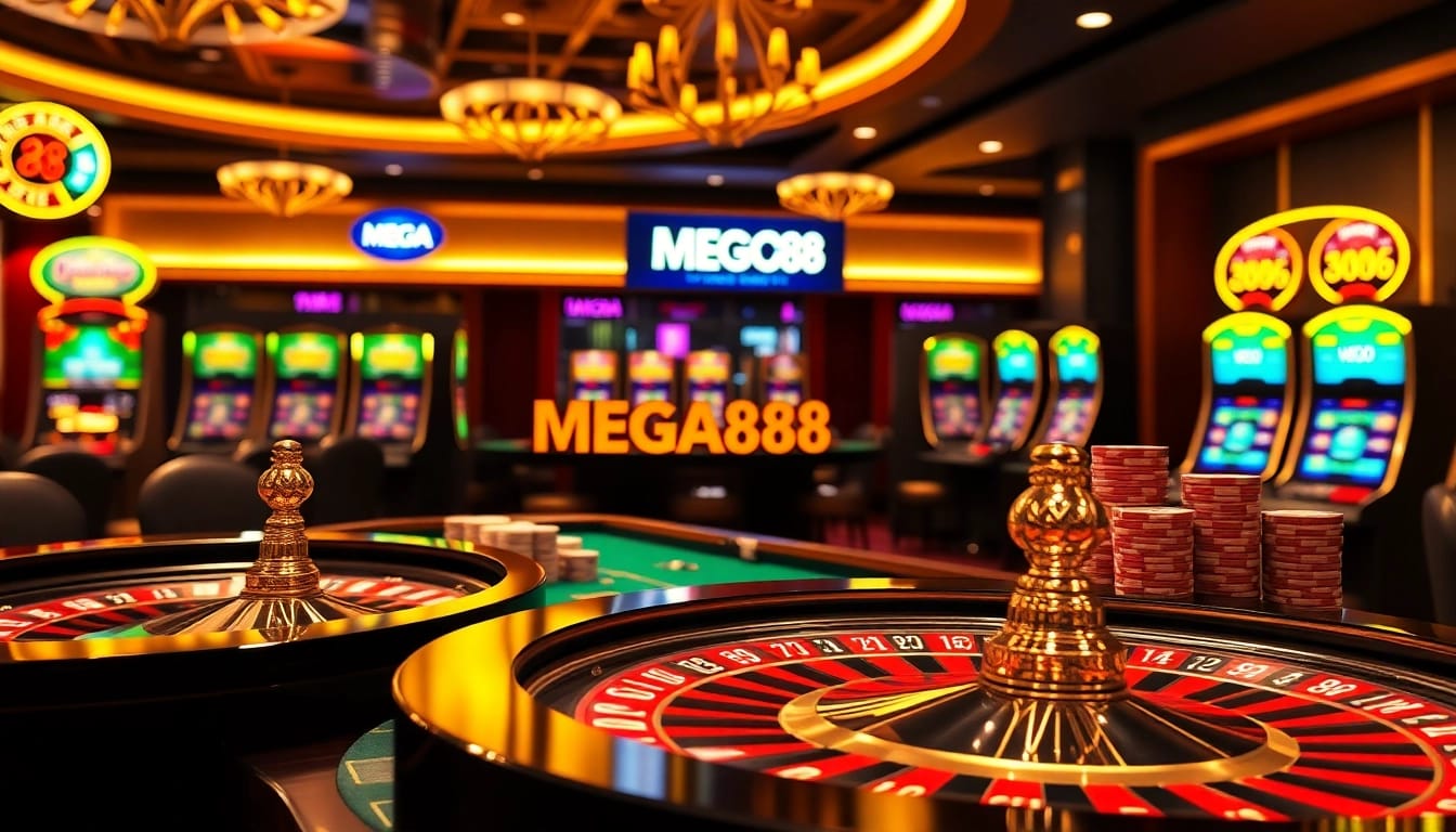 Experience MEGA888 excitement with vibrant casino tables and slot machines.
