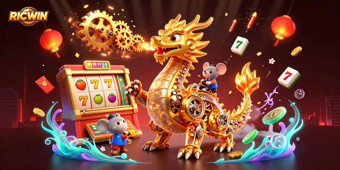 Experience RICWIN's thrilling jackpot action with a biomechanical dragon and vibrant gaming elements.