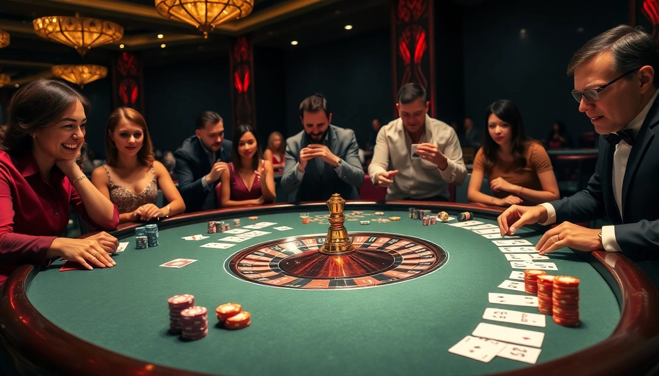 Engaging in an exciting game at MM88's luxurious casino table with poker chips and roulette wheel.