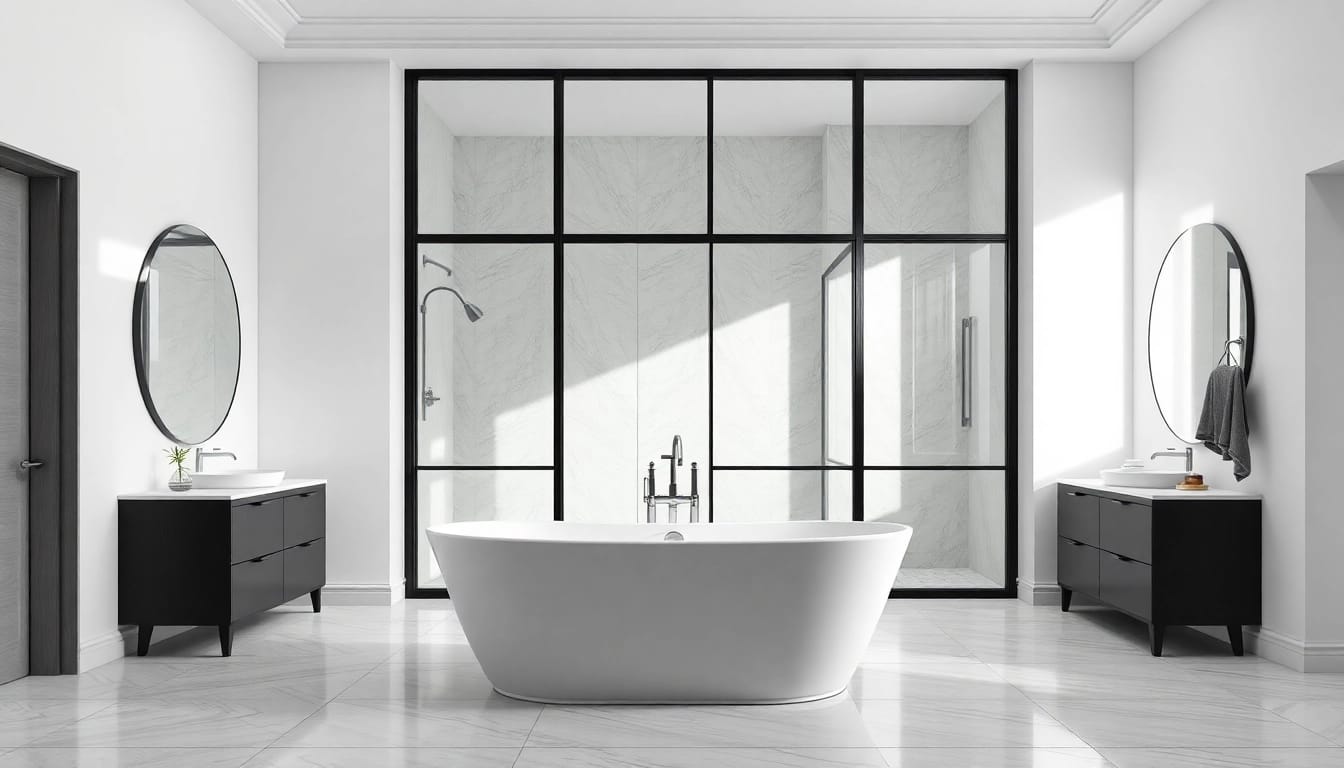 Enhance your bathroom with stylish black frame shower doors, showcasing elegance and modern design.