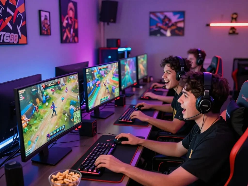 Exciting online gaming atmosphere with players engaging in TG88 games, showcasing teamwork and enjoyment in a vibrant setting.