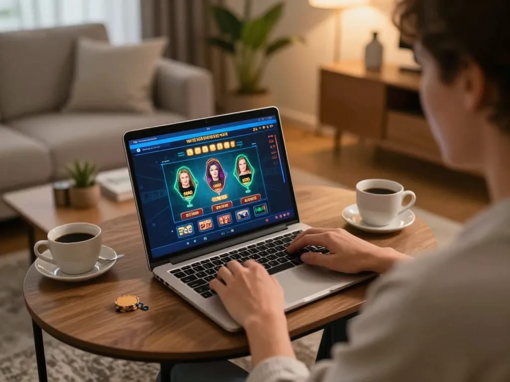 Engaged user playing online casino while tải hitclub app on laptop, focused atmosphere in a cozy home.