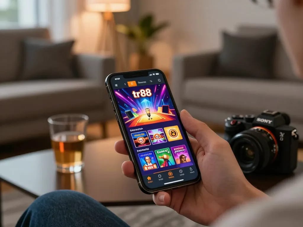 Engaging with the tr88 casino app on smartphone shows exciting gameplay in a cozy setting.