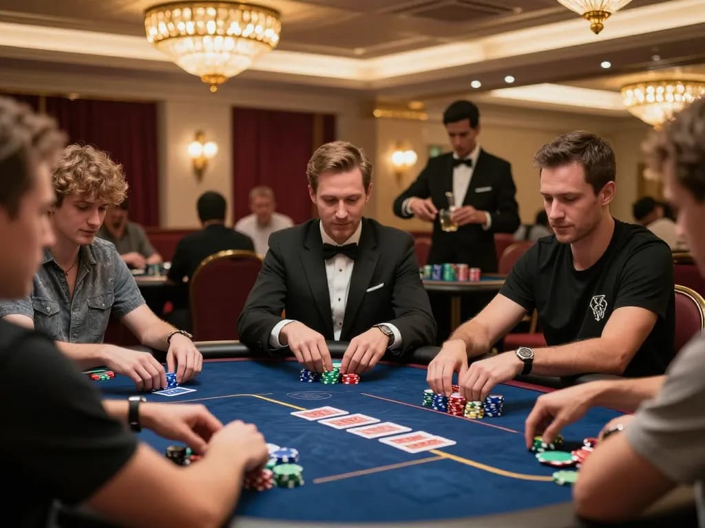 Players engaged in strategic poker gameplay at 789win vom casino table, showcasing excitement and camaraderie.